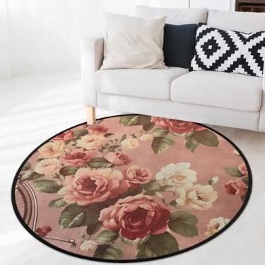 Imagem de OMFUNS Tapete vintage rosa redondo para quarto de 1,8 m, tapete circular floral rosa antiderrapante lavável para sala de estar, quarto de crianças, berçário, entrada, lavanderia