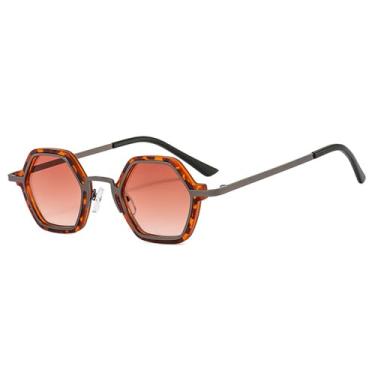 Imagem de Óculos de sol retrô hexagonal masculino, óculos punk para mulheres, óculos de sol poligonais degradê UV400, gradiente leopardo, chá, BH01