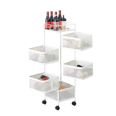 Imagem de BouPower Carrinho de armazenamento de cozinha de 5 níveis, rack giratório de armazenamento de frutas e vegetais, carrinho de lanche com rolos, carrinhos de metal com rodas para frutas, batatas