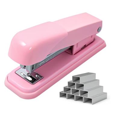 Imagem de Grampeador de mesa de escritório com 1000 grampos 24/6, grampeamento resistente durável padrão suave sem atolamento, perfeito para casa, escola, escritório, negócios, papelada - rosa
