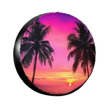 Imagem de LOJAOGON Capa de pneu sobressalente para pôr do sol rosa e roxo palmeiras protetores de roda à prova de poeira capa de pneu para trailer, trailer, areia muitos veículos 43.2 cm