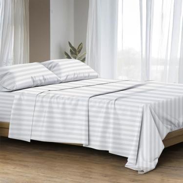 Imagem de Ashton Sheets Jogo de cama king size 100% algodão egípcio - 4 peças de lençóis de cama king size de algodão egípcio listrado branco 1500 fios, macio, sedoso, tecido acetinado, lençol com bolso