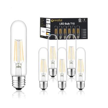 Imagem de NOVELUX Lâmpada LED E26 de 5 polegadas igual a 80 watts, lâmpada Edison branca quente de 3000K 6W regulável, 800LM T10 T9 lâmpadas tubulares de vidro transparente AC 120V para lustre tubo pendente de