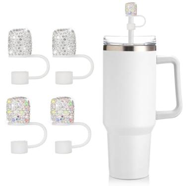 Imagem de Conjunto de capa de canudo de strass brilhante - pacote com 4 tampas de canudos para copos Stanley de 30 e 1,134 g, inclui 2 prateados e 2 coloridos, tampas de canudo de silicone para acessórios de