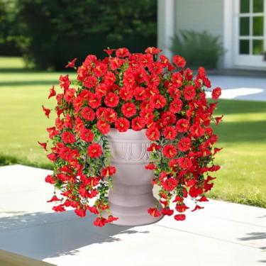 Imagem de Jasion 4 pacotes de flores artificiais para pendurar ao ar livre, glória da manhã, plantas falsas, resistentes a UV, para decoração de varanda e cerca (vermelho)