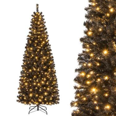 Imagem de Árvore de Natal HAPPYGRILL lápis preto pré-iluminado de 7 pés com 350 