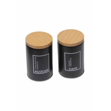 Imagem de Kit 2 Pote Lata Porta Mantimentos Café Açúcar Preto 14,5cm - Martiplas