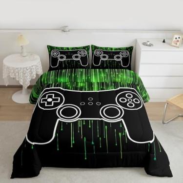 Imagem de jejeloiu Jogo de cama para meninos gamer, tamanho casal, verde, para meninas e adolescentes, edredom com colmeia respirável, macio, leve, microfibra, jogo verde, 3 peças