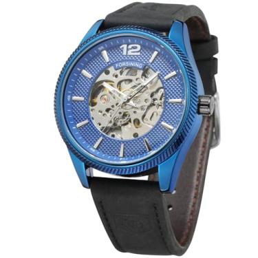 Imagem de FORSINING Relógio de pulso masculino mecânico minimalista com mostrador analógico simples e pulseira de couro, 5 - Azul, Clássico