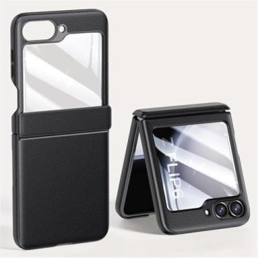 Imagem de Escudo do telefone de couro para samsung z flip6 caso zflip6 câmera protetor capa com tela vidro, preto, para galaxy z flip6