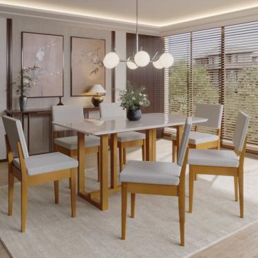 Imagem de Conjunto Sala de Jantar 6 Lugares Retangular com Tampo de Vidro Mesa Filadélfia Cadeiras Miami Cerejeira/Off White/Cinza
