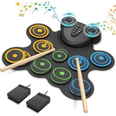 Imagem de VEDO brinquedos infantis，Bateria Eletrônica com 10 Pads Sensíveis, Alto-Falantes Duplos, 2000mAh Bateria Recarregável, MIDI e Conexão para Fones - Kit Musical Portátil com 9 Músicas Demo e 10 Ritmos