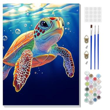 Imagem de DOMROM Kit de pintura emoldurada por números para adultos iniciantes com cavalete de madeira, kit de pintura de tartaruga marinha DIY por número em tela, kits de pintura a óleo DIY para decoração de