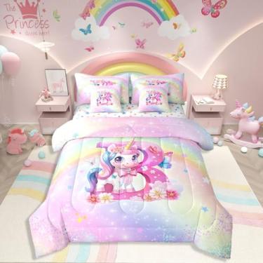 Imagem de Jogo de cama solteiro de unicórnio para todas as estações, arco-íris, unicórnio, 7 peças, com 1 fronha, decoração de quarto de crianças, meninos, meninas, gradiente, glitter, alfabeto, monograma, B