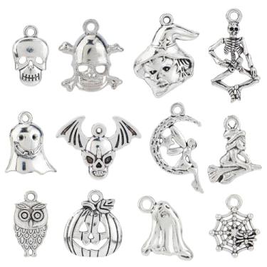 Imagem de DICOSMETIC 120 peças, 12 estilos, pingentes de Halloween, pingentes de caveira de prata antiga, acessórios para fabricação de joias de Halloween, estilo tibetano, berloque de liga para pulseira, colar
