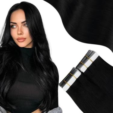 Imagem de Moresoo Extensões de cabelo humano de 40,6 cm com fita preta para cabelo humano liso Remy fita adesiva invisível para cabelo humano real em extensões para mulheres, 20 peças, 50 g