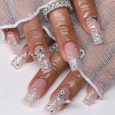 Imagem de RUOKEXIN Unhas postiças de pressão longa para caixão, unhas postiças prateadas com glitter com desenhos de borboletas, unhas artificiais brilhantes, prensas de unhas de caixão, cola longa nas unhas