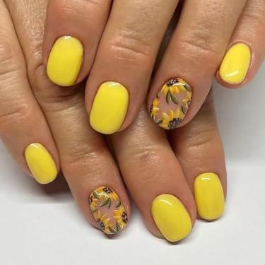 Imagem de 24 peças de unhas postiças curtas de mola unhas postiças quadradas RIICFDD unhas amarelas com cola de girassol nas unhas, capa completa, primavera, verão, para mulheres, meninas, unhas artificiais