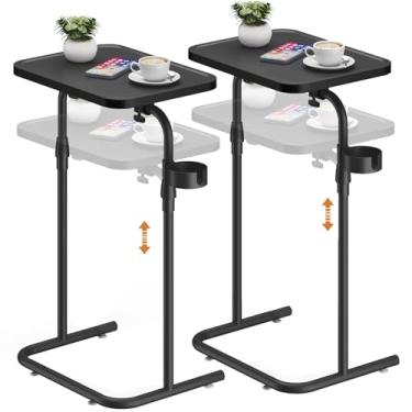 Imagem de TUTOTAK Mesa de canto em forma de C com superfície inclinável, conjunto de 2, mesa lateral de altura ajustável, bandeja de TV para comer, bandeja de sofá para sala de estar, quarto, preto TB01BK0912