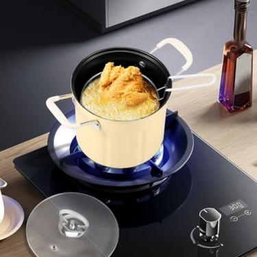 Imagem de Frigideira pequena de aço inoxidável com alça de transporte, cesta de rede, fácil de usar, panela eficiente em óleo, fácil de limpar, panela funda multifuncional adequada para frangos fritos (amarelo)