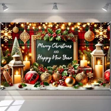 Imagem de BlissYard Banner de Natal Feliz Natal Feliz Ano Novo Quadro-negro Ornamentos Moldura Dourada Lanterna Velas Azevinho Neve Cena 71x43 Polegadas Interior Exterior Decoração de Festa de Festas