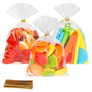 Imagem de Lhocm 4 x 6 sacos de guloseimas transparentes de celofane: 200 peças de sacos de presente de plástico para biscoitos, saco de Halloween transparente com laços dourados para embrulho de presente de