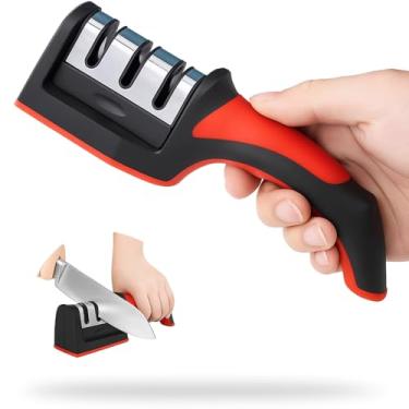 Imagem de Afiador/Amolador de Facas e Tesouras 3 em 1 – Amolador Profissional de Aço Inox com 3 Estágios, Base Antiderrapante e Cabo Ergonômico para Cozinha, Churrasco e Corte Preciso