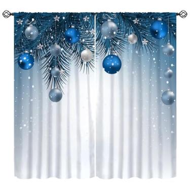 Imagem de Cortinas de Natal azul presente estampa bola padrão tratamento de janela para sala de estar quarto natal decoração de casa cortinas de janela 107 cm L x 114 cm C