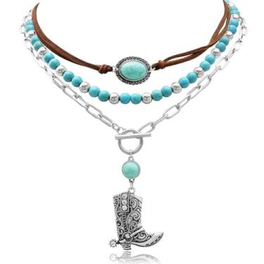 Imagem de Fscwlmon 3 colares femininos estilo cowgirl ocidental em camadas, boêmio, turquesa, contas ocidentais, strass, chapéu de cowboy, botas, pingente de cabeça de boi, gargantilha de clipe de papel