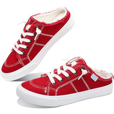 Imagem de Obtaom Tênis feminino de lona mules viscoelástico moderno confortável sem cadarço sem costas nuas, Pele sintética vermelha, 40