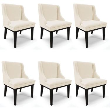 Imagem de Kit 6 Cadeiras Estofadas para Sala de Jantar Base Fixa de Madeira Preto Lia Linho Bege - Ibiza