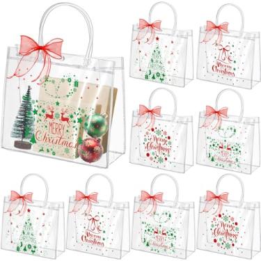 Imagem de Henoyso 24 sacos de presente transparentes de Natal com alças e fita, saco de plástico para doces de Natal, sacolas de embrulho de presente de PVC para lembrancinhas de festa de Natal (vermelho e