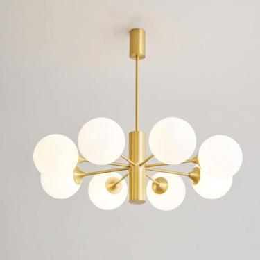 Imagem de Lustre moderno de 3/6/8 luzes, luminárias pendentes douradas de meados do século, luminárias pendentes de latão escovado com cúpula de vidro, lâmpadas suspensas G9 reguláveis, compatíveis co