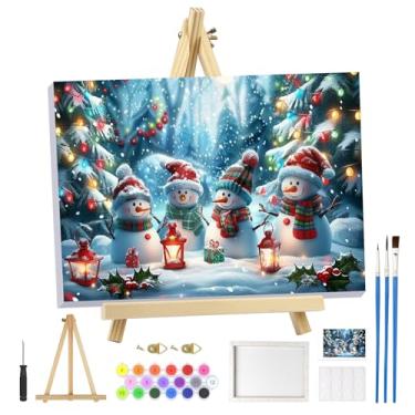 Imagem de MOGTAA Kit de pintura de Natal por números para adultos iniciantes com moldura, kits de pintura por números de boneco de neve para adultos em tela com cavalete, kits de pintura a óleo de inverno