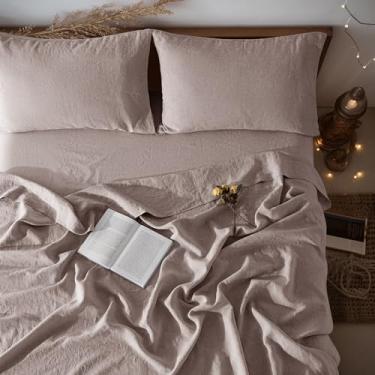 Imagem de LBRO2M Jogo de lençol 100% linho, bolso profundo de 40,6 cm, conjunto de lençóis de cama de 4 peças, lençóis de cama de linho natural de cor lisa, macio, respirável, todas as estações (casal, deserto