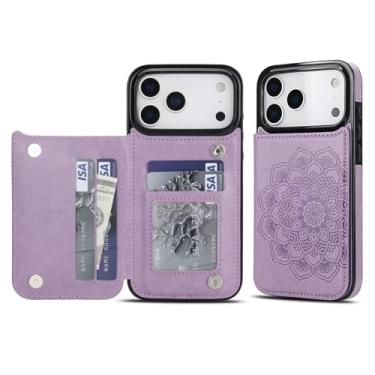 Imagem de Capa carteira para iPhone 17 Pro, anti-impressão digital com couro sintético durável e TPU, padrão mandala em relevo, à prova de choque, 3 compartimentos para cartão e suporte (roxo)