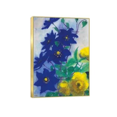 Imagem de Arte de parede em tela de flores reprodução de pintura famosa - imagens de moldura dourada para sala de estar - flores azuis e amarelas - pôster e impressões 70 x 100 cm 27 x 39 pol