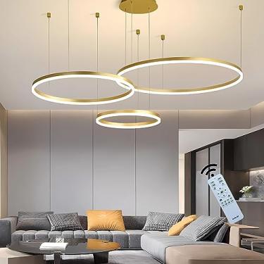 Imagem de Luminária pendente LED moderna dourada com 3 anéis de instalação separada Lustre para sala de estar 45W regulável com controle remoto Iluminação de teto para quarto Sala de estar Sala de jan