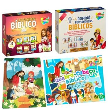 Imagem de Kit Jogos Bíblicos Educativos, 3 Jogos, Dominó Personagens Bíblicos, Jogo da Memória, Quebra-Cabeça, 4+ Anos