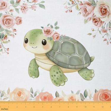 Imagem de Erosebridal Tecido de tartaruga de desenho animado por jarda, réptil, tartaruga, criatura costeira, tecido estofado para costura acolchoada, flores desabrochando, material natural para estofamento DIY