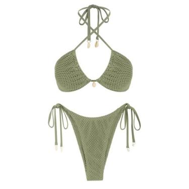 Imagem de Conjunto de biquíni ZAFUL Fishnet Triangle Tie Halter Bandeau Green