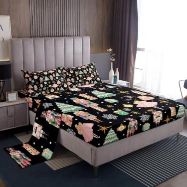 Imagem de Erosebridal Jogo de lençol solteiro preto de Natal, quebra-nozes, floco de neve, estrelas, castelo de princesa romântico, lençol com elástico para mulheres, homens e adultos