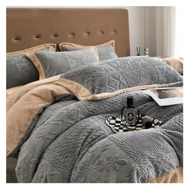 Imagem de Conjunto de cama cinza de inverno macio de pelúcia quente engrossada escultura 3D colcha lençol fronha (1 Queen)