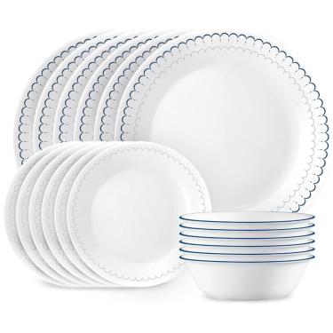 Imagem de Conjunto de Jantar Corelle 18 peças para 6 pessoas, Pratos Redondos e Tigelas Leves, Vidro Triplo Vitrelle, Resistente a Rachaduras