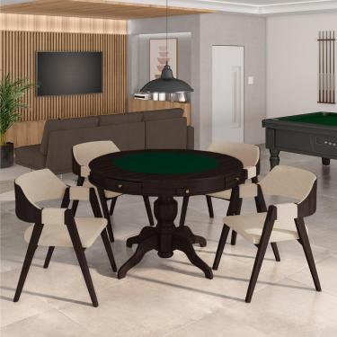 Imagem de Conjunto Mesa de Jogos Carteado Bellagio Tampo Reversível Verde e 4 Cadeiras Madeira Poker Base Estrela Linho OffWhite/Tabaco G42 - Gran Belo