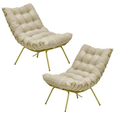 Imagem de Kit 2 Poltronas Decorativas Sala de Estar Abel Base de Ferro Dourada Veludo Bege - Gran Belo