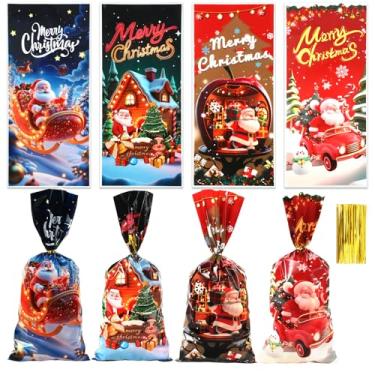 Imagem de Sacos de guloseimas de celofane de Natal, 100 peças, saco de presente de biscoito de Natal, saco de embrulho de plástico para lanches de Natal com laços torcidos para embrulho de presente