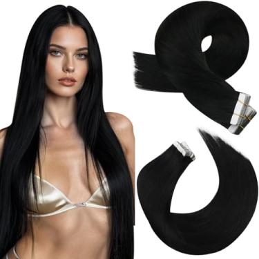 Imagem de Moresoo Extensões de cabelo preto fita em cabelo humano fita de 45 cm em extensões de cabelo real extensões de trama de pele sem costura 20 peças cor #1 fita adesiva preto jato na extremidade grossa 50 g