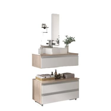 Imagem de Conjunto Gabinete Banheiro 80cm gabinete + cuba + espelheira(Madeirado/Branco)
