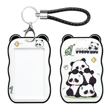 Imagem de SHININGEYES Porta-crachá de identificação com chaveiro de metal, slide de plástico aberto com janela de identificação para mulheres, homens, meninas, estudantes, três pandas